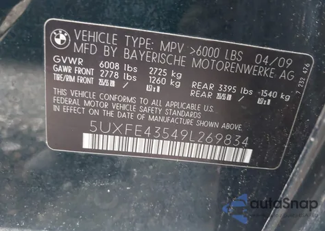 2009 BMW X5 xDrive30I z USA, uszkodzony, nr VIN 5UXFE43549L269834